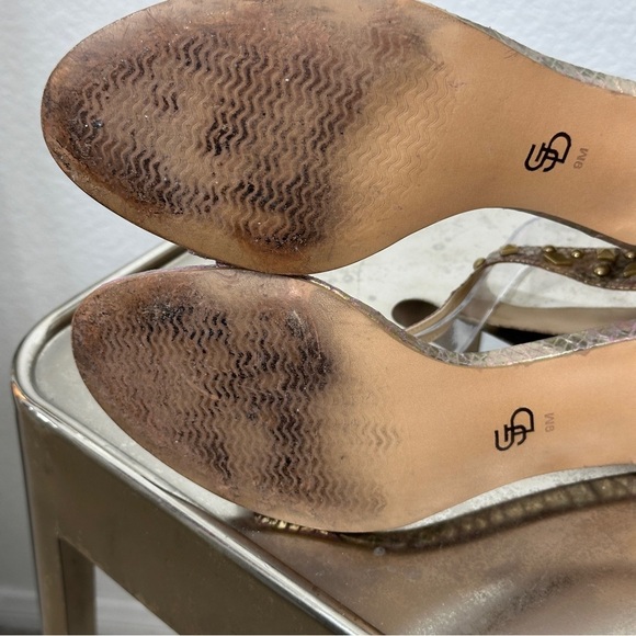 Joan & David Circa Studded Gold and Pink T-Strap Sandals Heels - Size 9 EUC - Picture 7 of 8